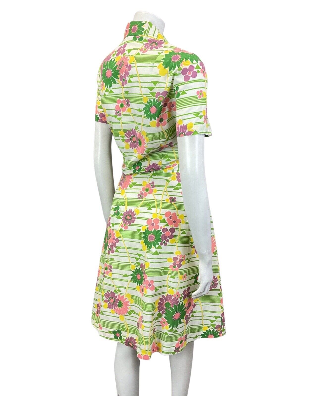 VINTAGE 60s 70s GREEN WHITE PINK STRIPED FLORAL MOD TWO-PIECE SHIRT SKIRT 10