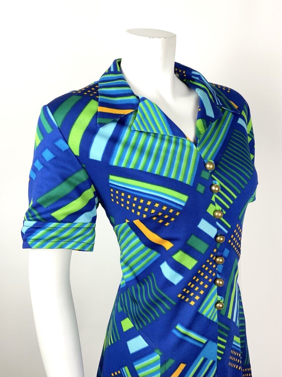VINTAGE 60s 70s BLUE GREEN ORANGE GOLD GEOMETRIC STRIPED MOD SHIRT DRESS 16