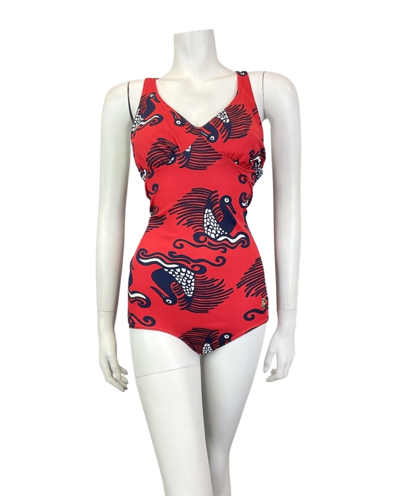 VINTAGE 60s 70s RED BLUE WHITE BIRD BOAT PSYCHEDELIC MOD SWIMSUIT BODYSUIT 8 10