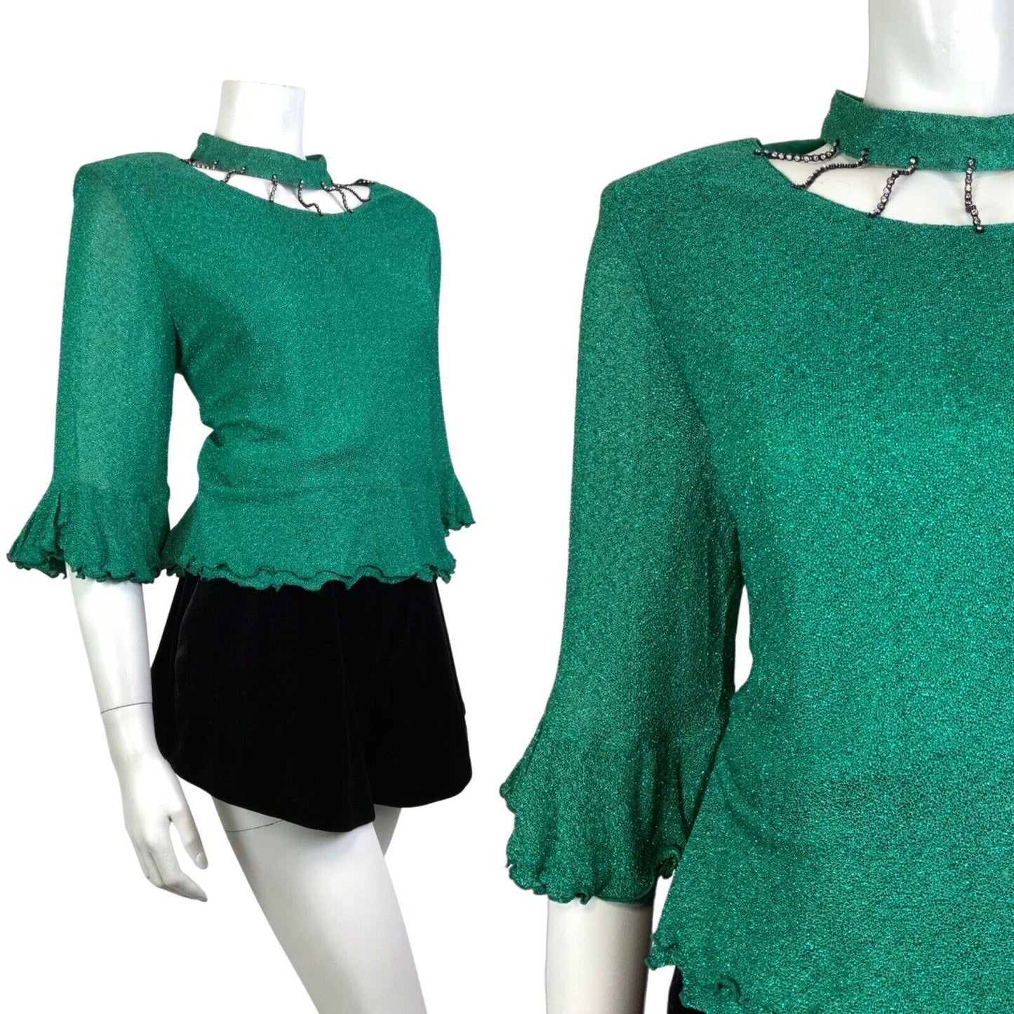 VINTAGE 60s 70s METALLIC GREEN DIAMANTE CUT-OUT RUFFLED DISCO PARTY TOP 16