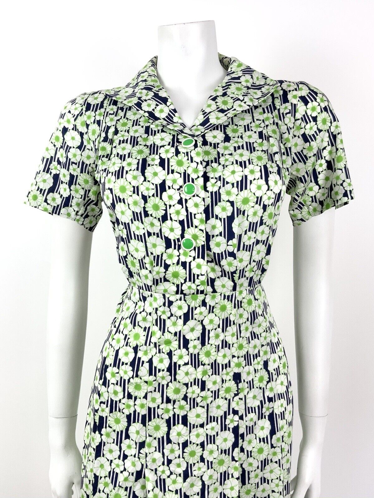 VINTAGE 60s 70s GREEN BLUE WHITE STRIPED FLORAL DAISY MOD SHIRT DRESS 12 14