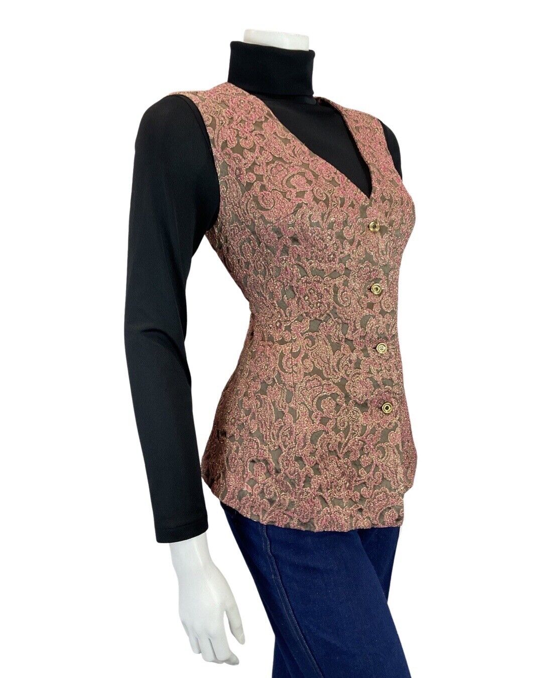 VINTAGE 60s 70s PINK GOLD FLORAL SWIRL BROCADE LUREX WAISTCOAT 12