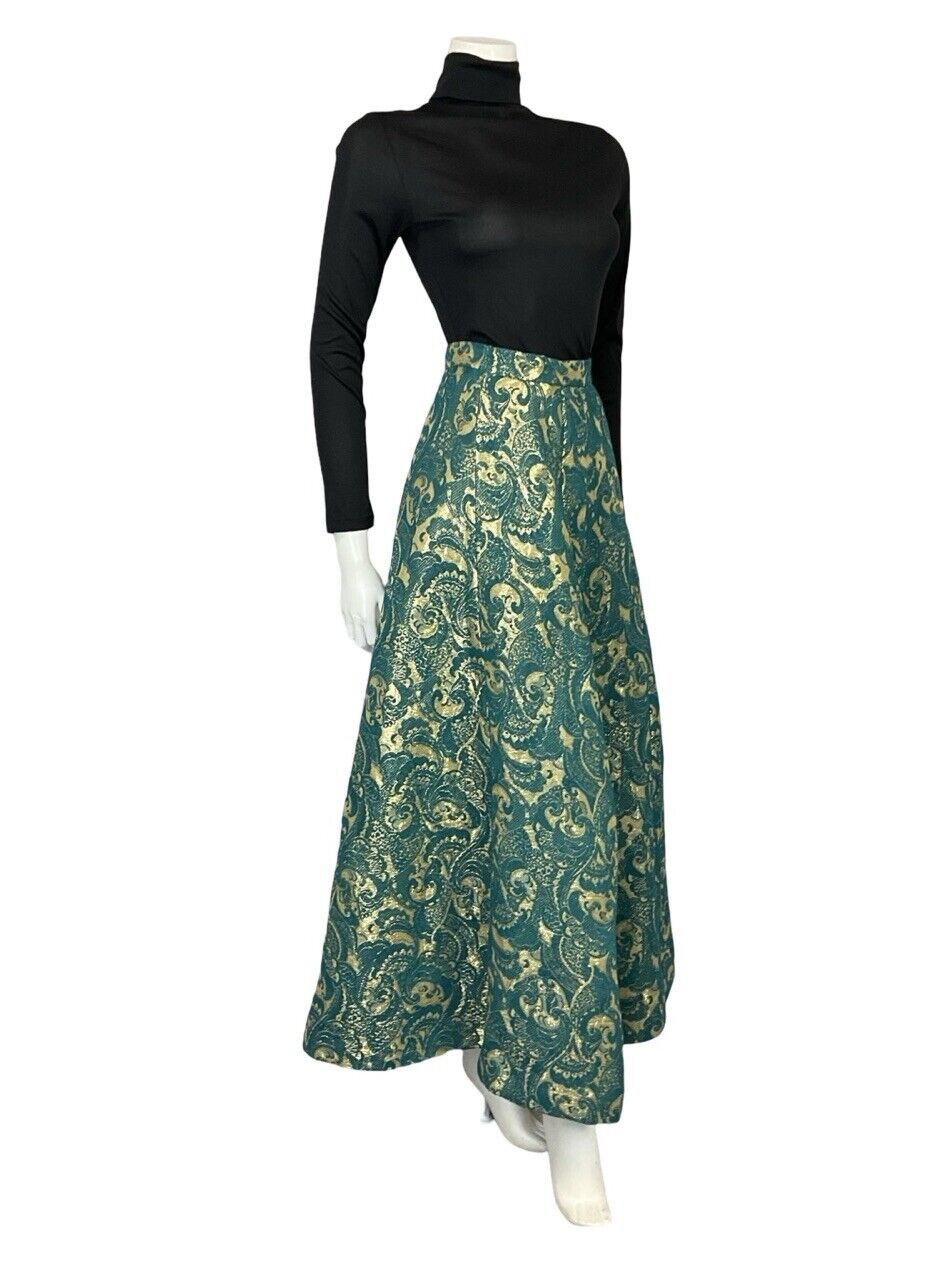 VTG 60S 70S TEAL BLUE GOLD BROCADE METALLIC PARTY FORMAL A. LINE MAXI SKIRT 12