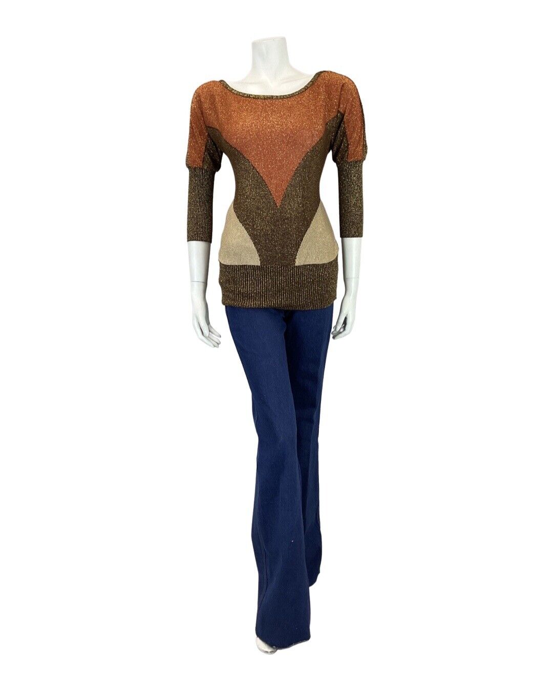 VINTAGE 60s 70s BROWN ORANGE CREAM BATWING GLITTER LUREX KNIT TOP 10