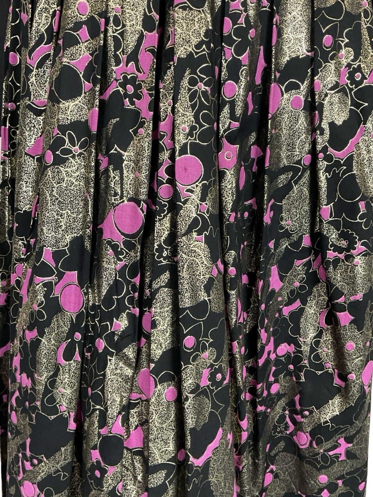 VTG 70S BLACK PINK GOLD METALLIC FLORAL PLEATED NEW WAVE MIDI PARTY SKIRT 14 16
