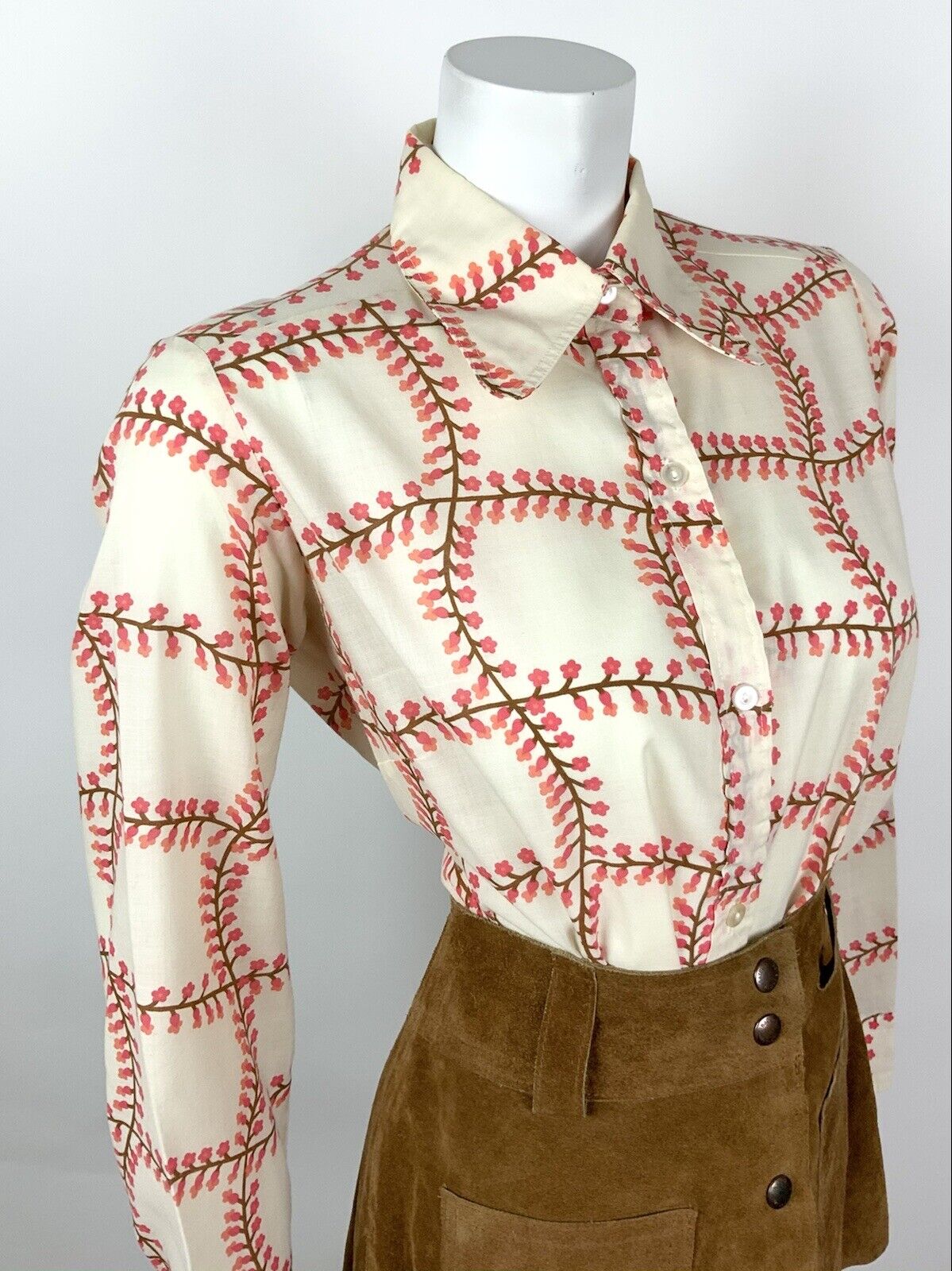 VINTAGE 60s 70s CREAM BROWN PINK GRID CHECKED FLORAL DAGGER SHIRT BLOUSE 14 16