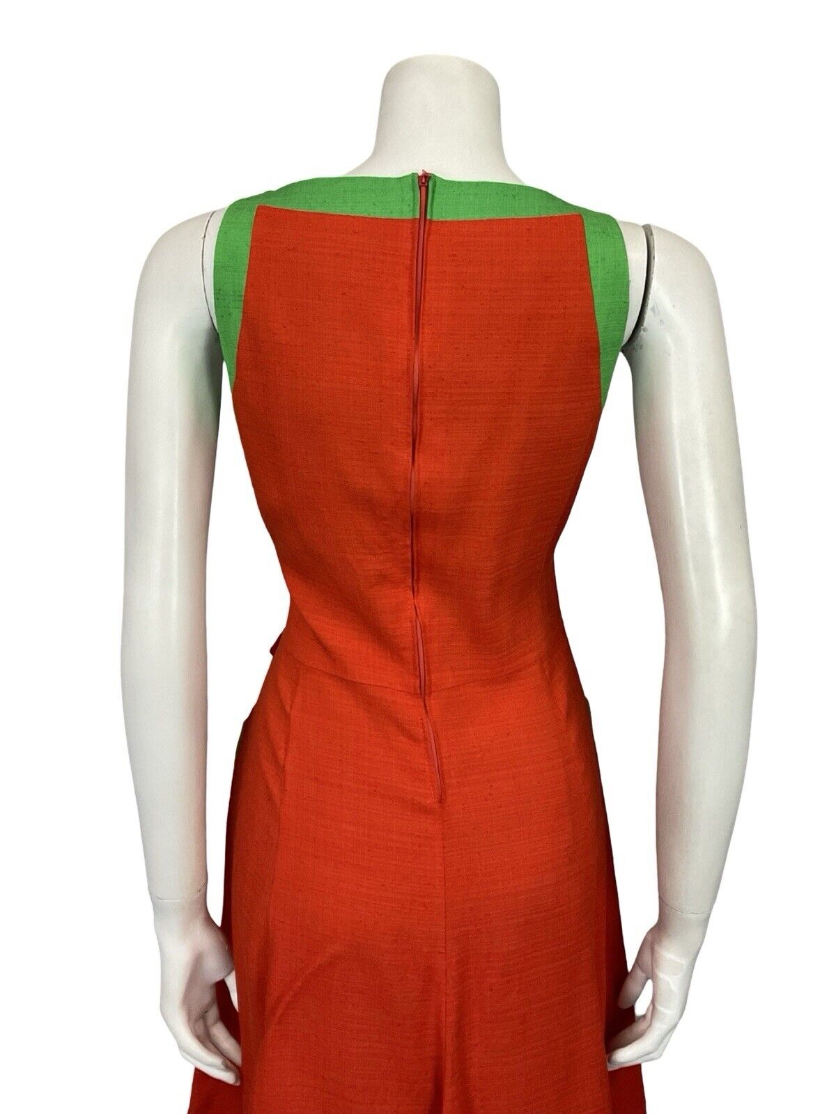 VTG 70S RED GREEN SWEETHEART NECKLINE STRAPPY MINI DRESS WITH POCKETS 10