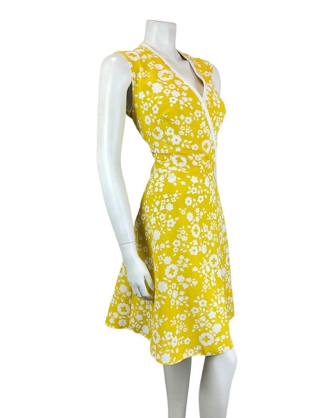 VINTAGE 60s 70s SUNSHINE YELLOW WHITE DAISY FLOWER MOD SLEEVELESS DRESS 14