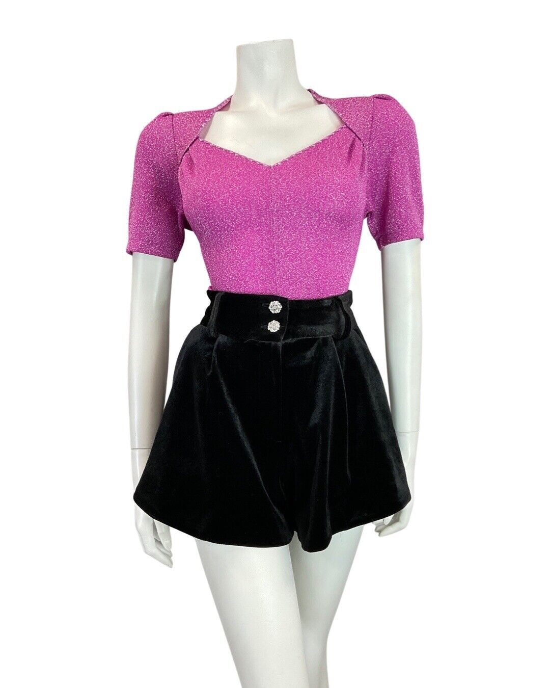 VINTAGE 60s 70s FUCHSIA PINK SILVER PARTY PEPLUM LUREX SWEETHEART BLOUSE 8 10