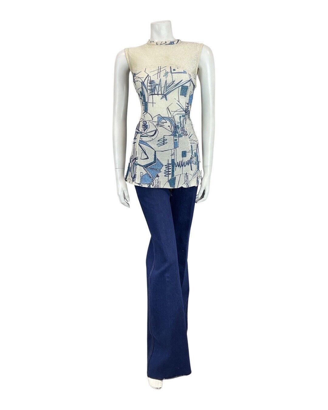 VINTAGE 60s 70s WHITE SILVER BLUE GEOMETRIC MOD LUREX SLEEVELESS TUNIC TOP 8 10