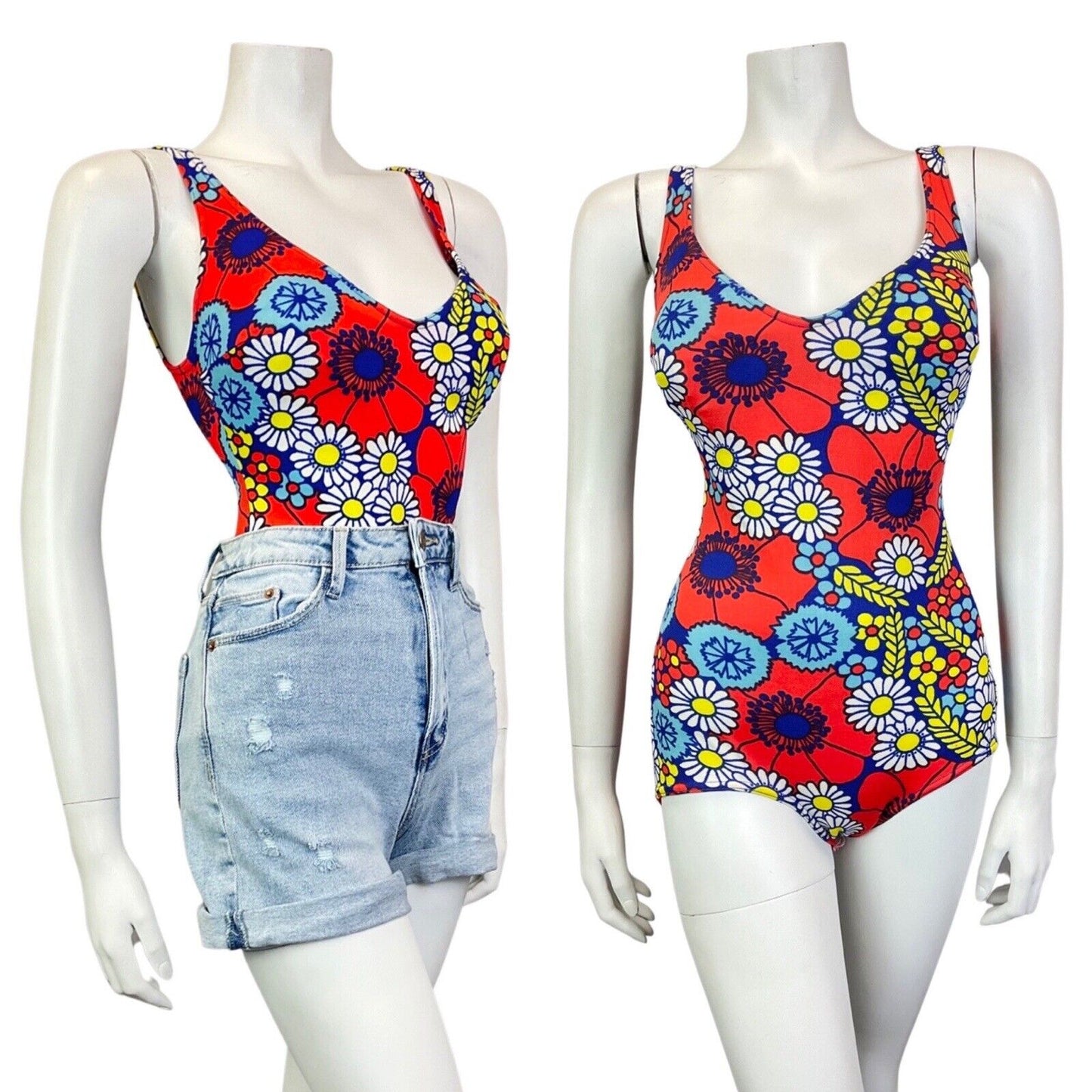 VINTAGE 60s 70s RED BLUE YELLOW DAISY FLOWER MOD SWIMSUIT BODYSUIT 10 12