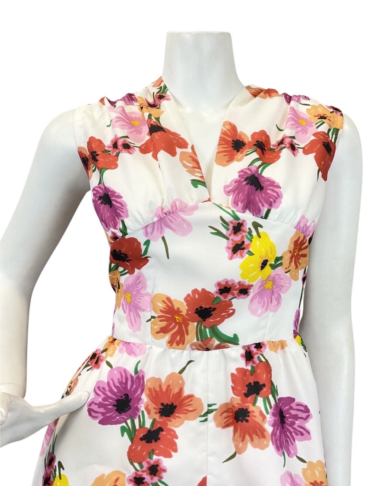 VINTAGE 60s 70s WHITE PURPLE RED FLORAL DAISY POPPY SLEEVELESS MAXI DRESS 8 10
