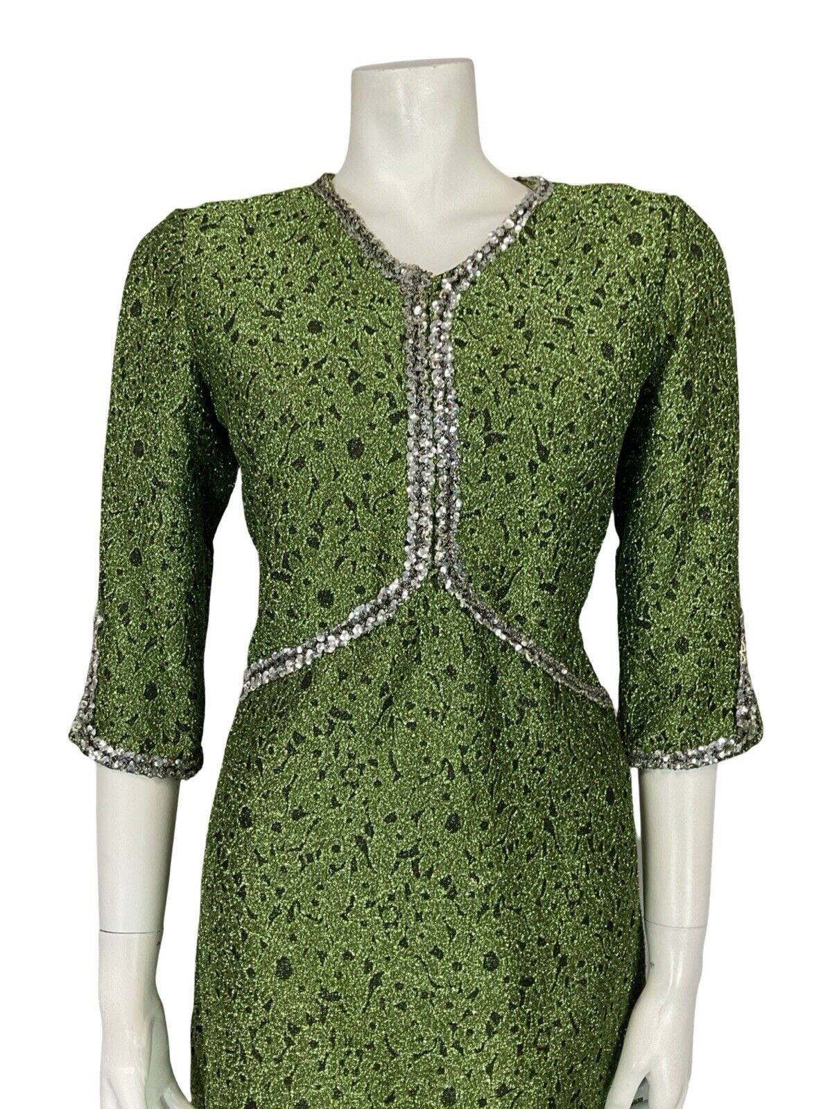 VTG 60S V NECK HALF SLEEVE GREEN SILVER SEQUIN LUREX PARTY MINI DRESS 10