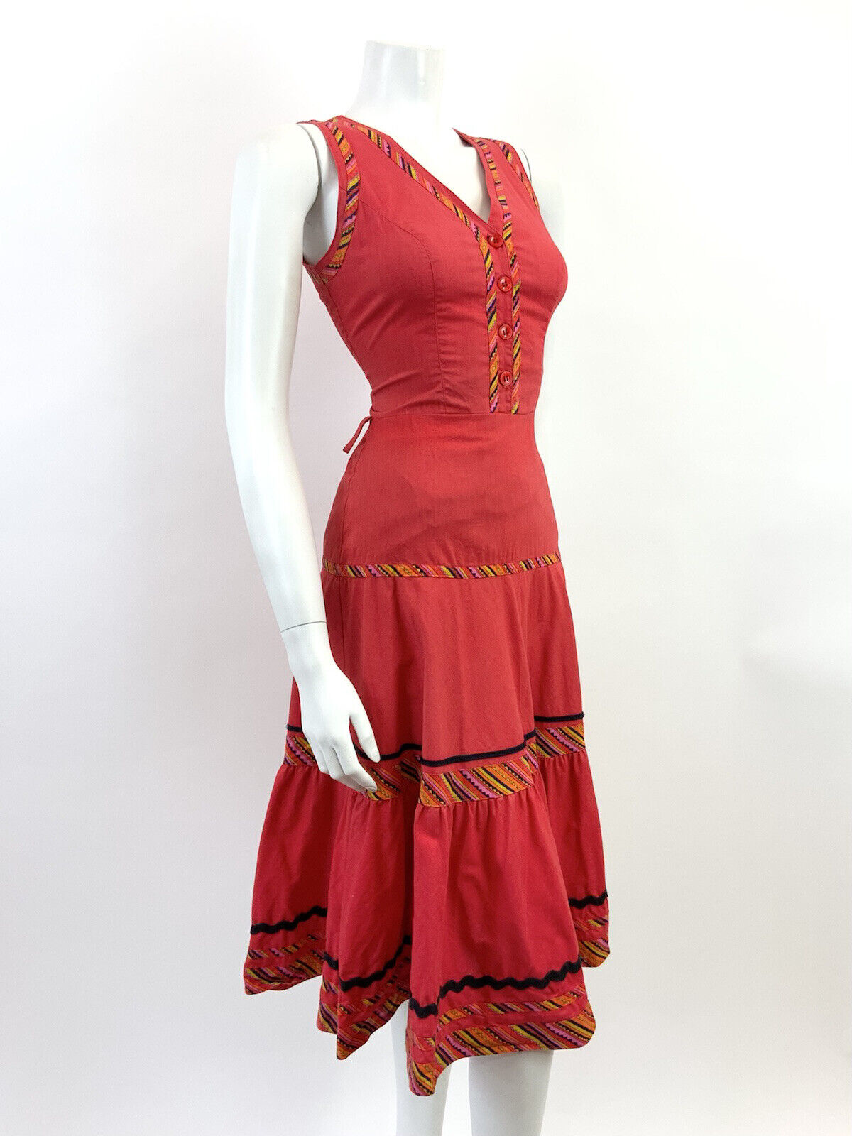 VTG 60s 70s FOLK RED ORANGE BLACK STRIPED GEOMETRIC AZTEC TIERED MOD DRESS 8 10