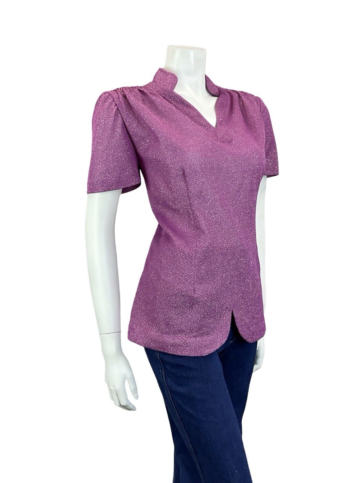 VTG 60S PURPLE OPEN MANDARIN COLLAR SHORT SLEEVE SCALLOPED DART PARTY TOP 16