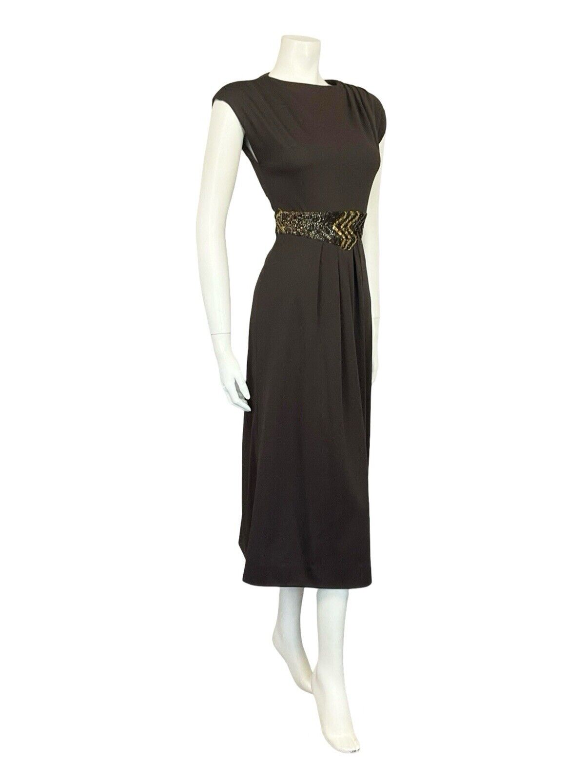 VTG 60S 70S BROWN GOLD SEQUIN BAND PLEATED TUNIC MOD PARTY MIDI DRESS 8