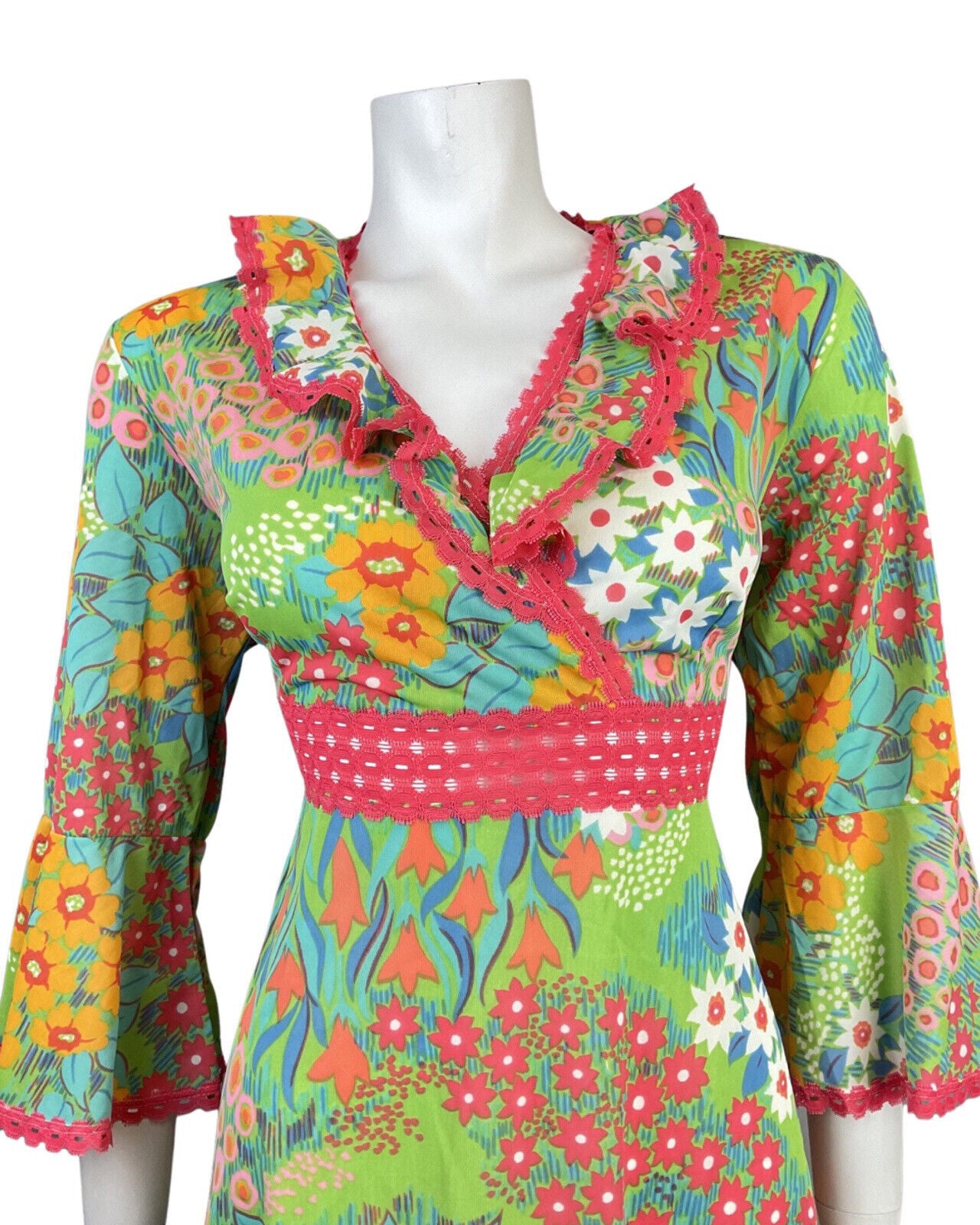 VINTAGE 60s 70s GREEN PINK BLUE FLORAL DAISY DITSY RUFFLED MOD MIDI DRESS 14