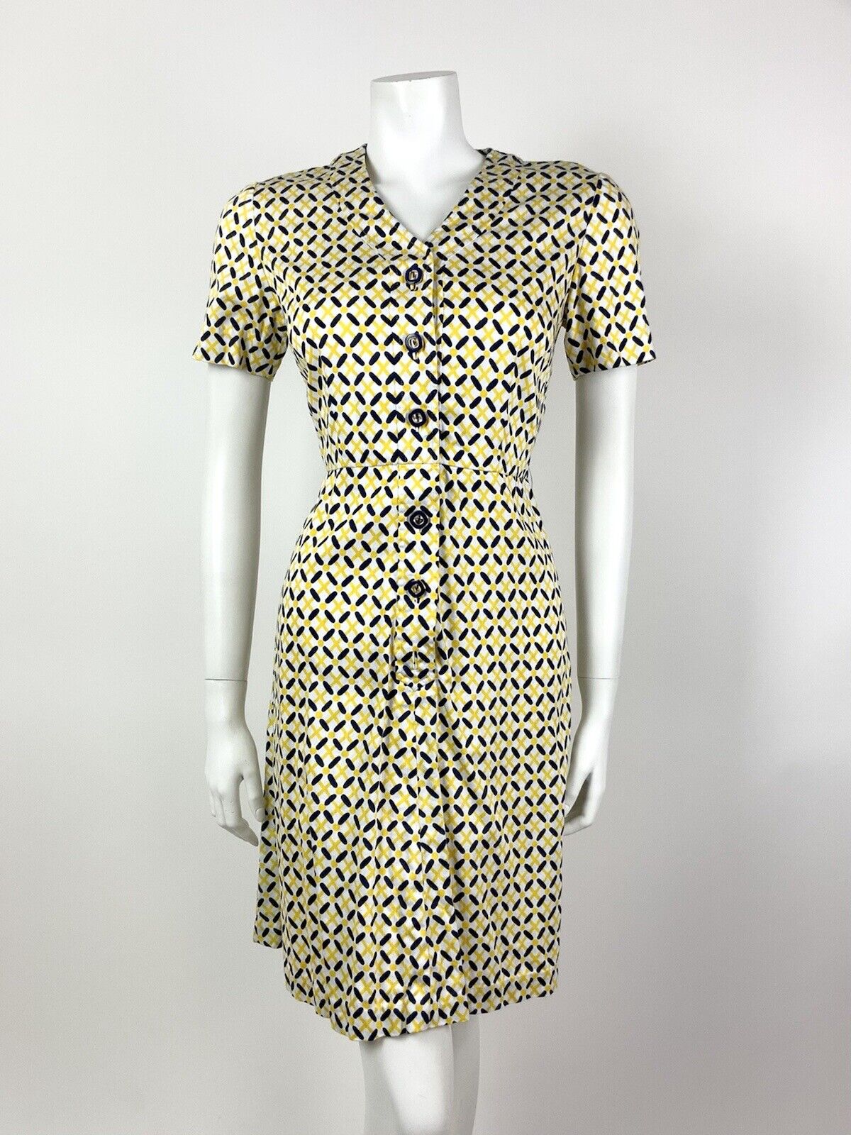 VINTAGE 60s 70s WHITE YELLOW NAVY BLUE CHECKED GEOMETRIC MOD DRESS 10