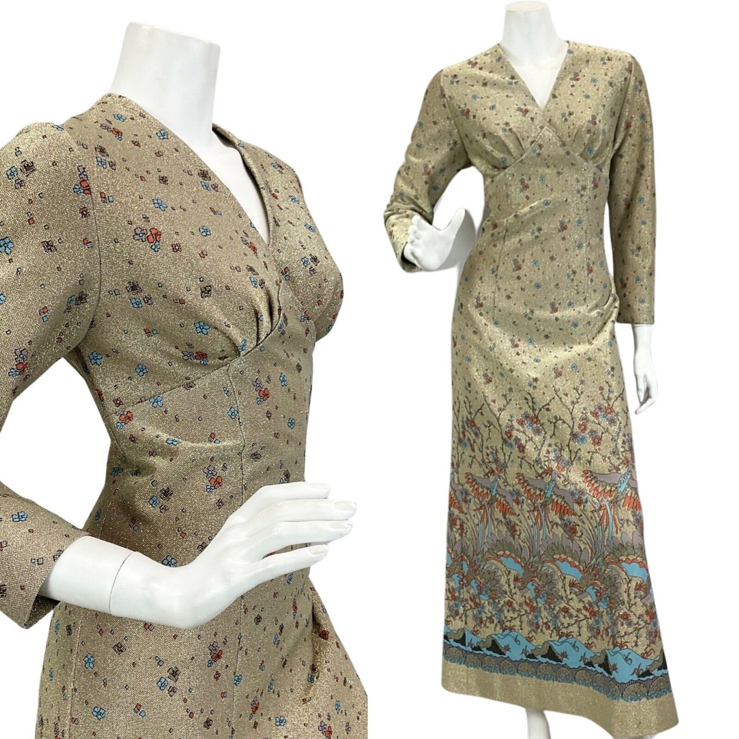 VINTAGE 60s 70s GOLD SPARKLY FLORAL BIRD PRINT DISCO BOHO FOLK MAXI DRESS 10 12