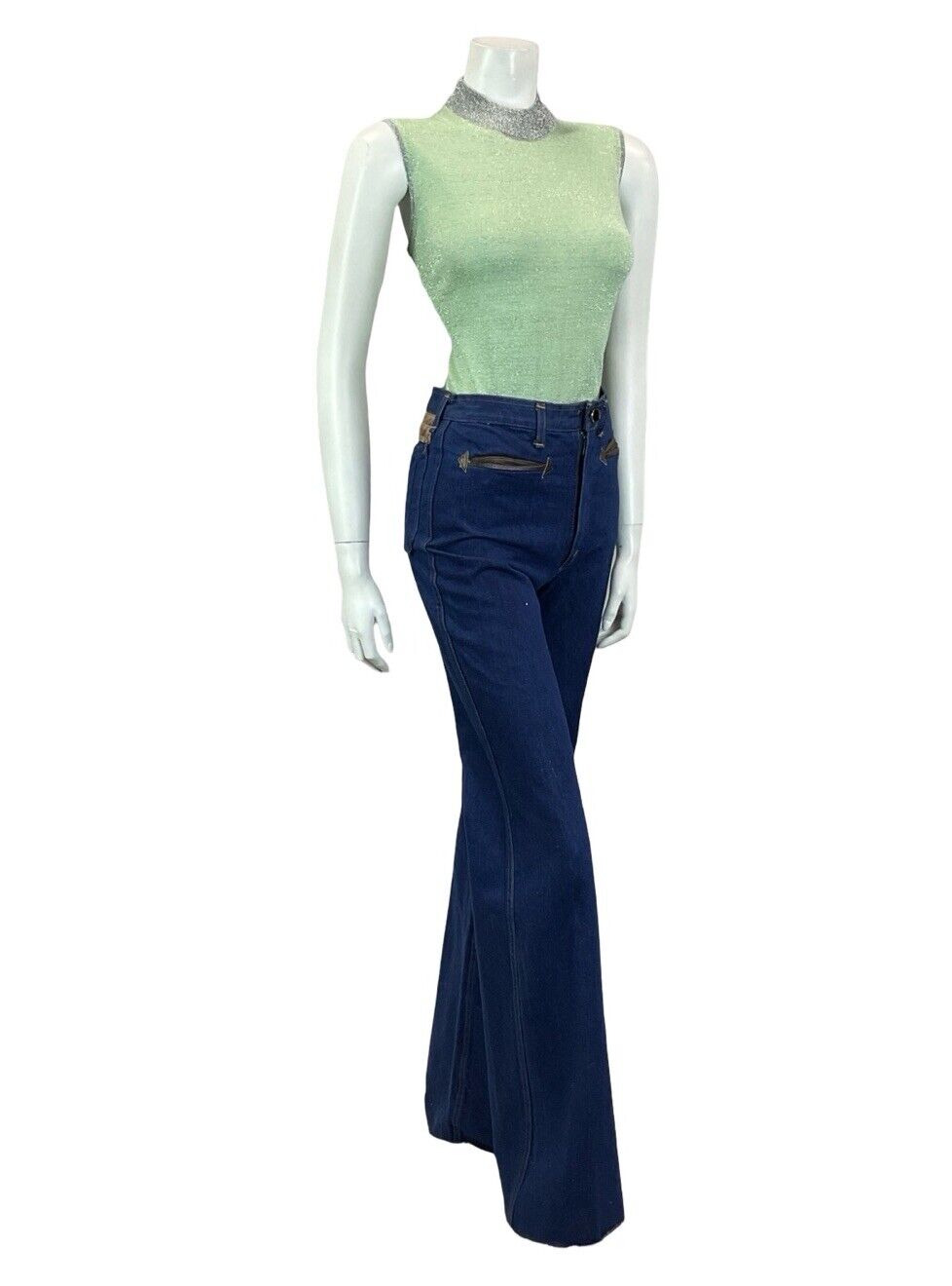 VTG 60S MOD GOGO PASTEL GREEN SILVER LUREX HIGH NECK BOXY PARTY TANK TOP 10