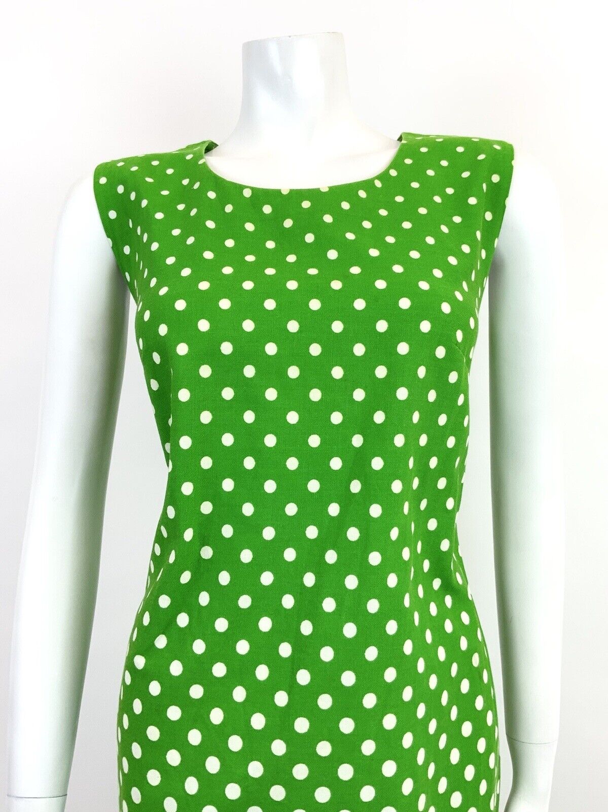 VTG 60s 70s GREEN WHITE PINK POLKA-DOT FLORAL LACE BOHO FOLK A-LINE DRESS 10 12