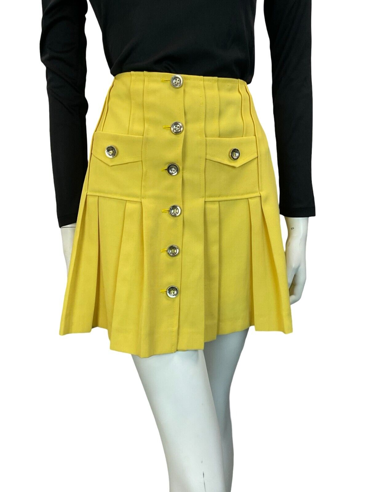VTG 60S 70S MOD LEMON YELLOW PLEATED POCKETS MINI SKIRT SIZE 10