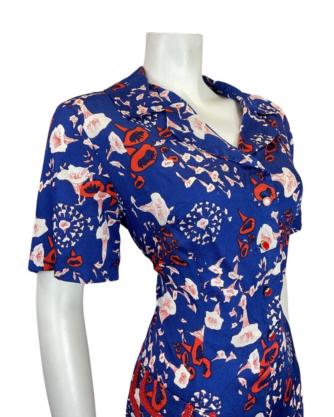VINTAGE 60s 70s BLUE RED WHITE FLORAL PSYCHEDELIC GLITTERY MOD SHIRT DRESS 14 16