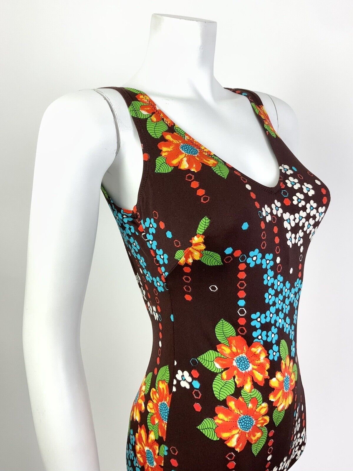 VTG 60s 70s BROWN ORANGE BLUE FLORAL LOW-BACK MOD SWIMSUIT BODY SUIT 10 12