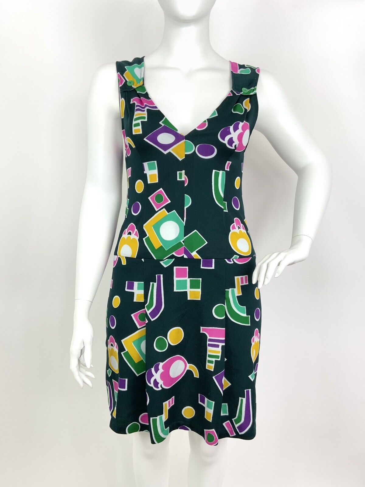 VINTAGE 60s 70s GREEN PINK YELLOW GEOMETRIC MOD PLUNGING SLEEVELESS DRESS 14 16