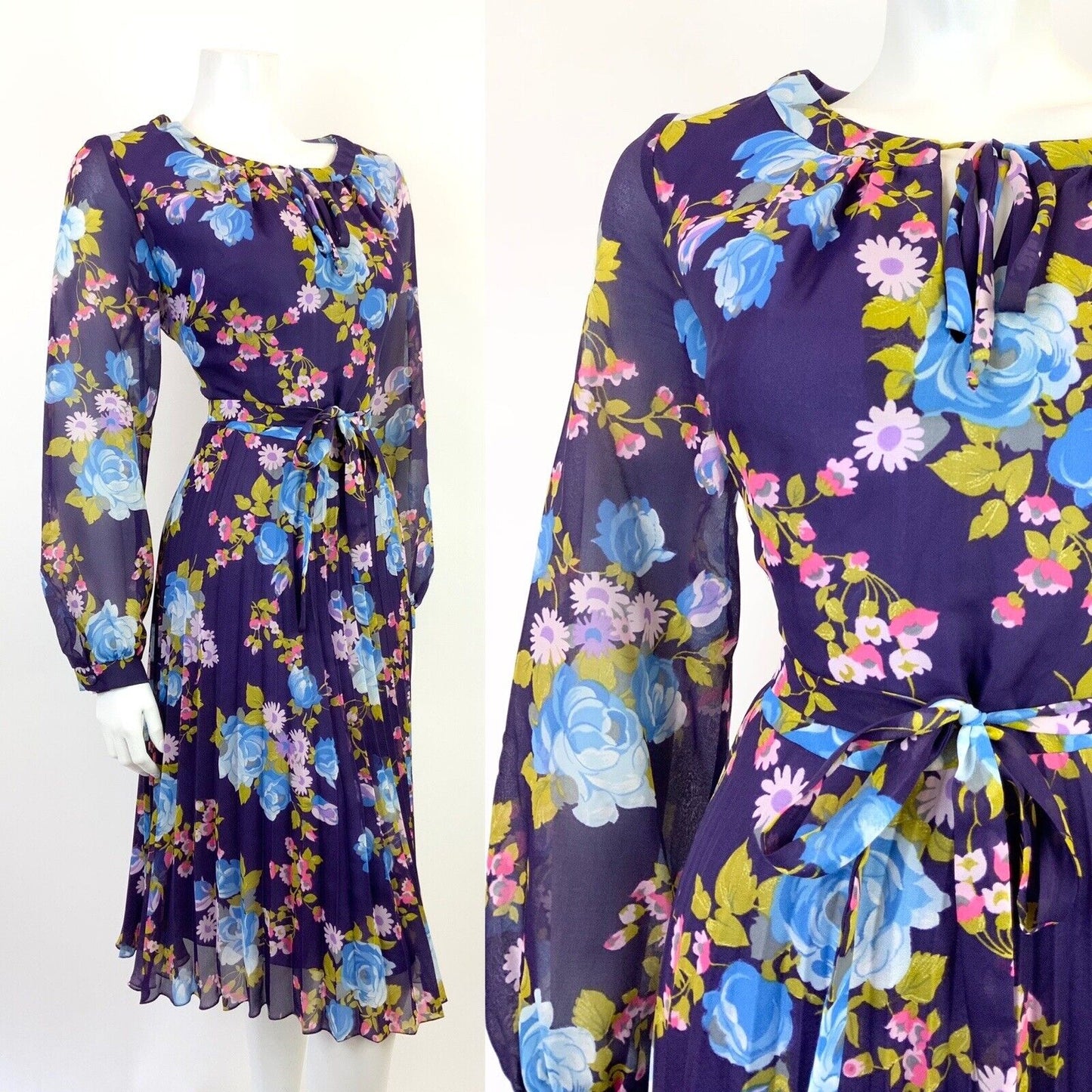VINTAGE 60s 70s PURPLE BLUE PINK FLORAL ROSE PLEATED BOHO FOLK SHEER DRESS 12 14