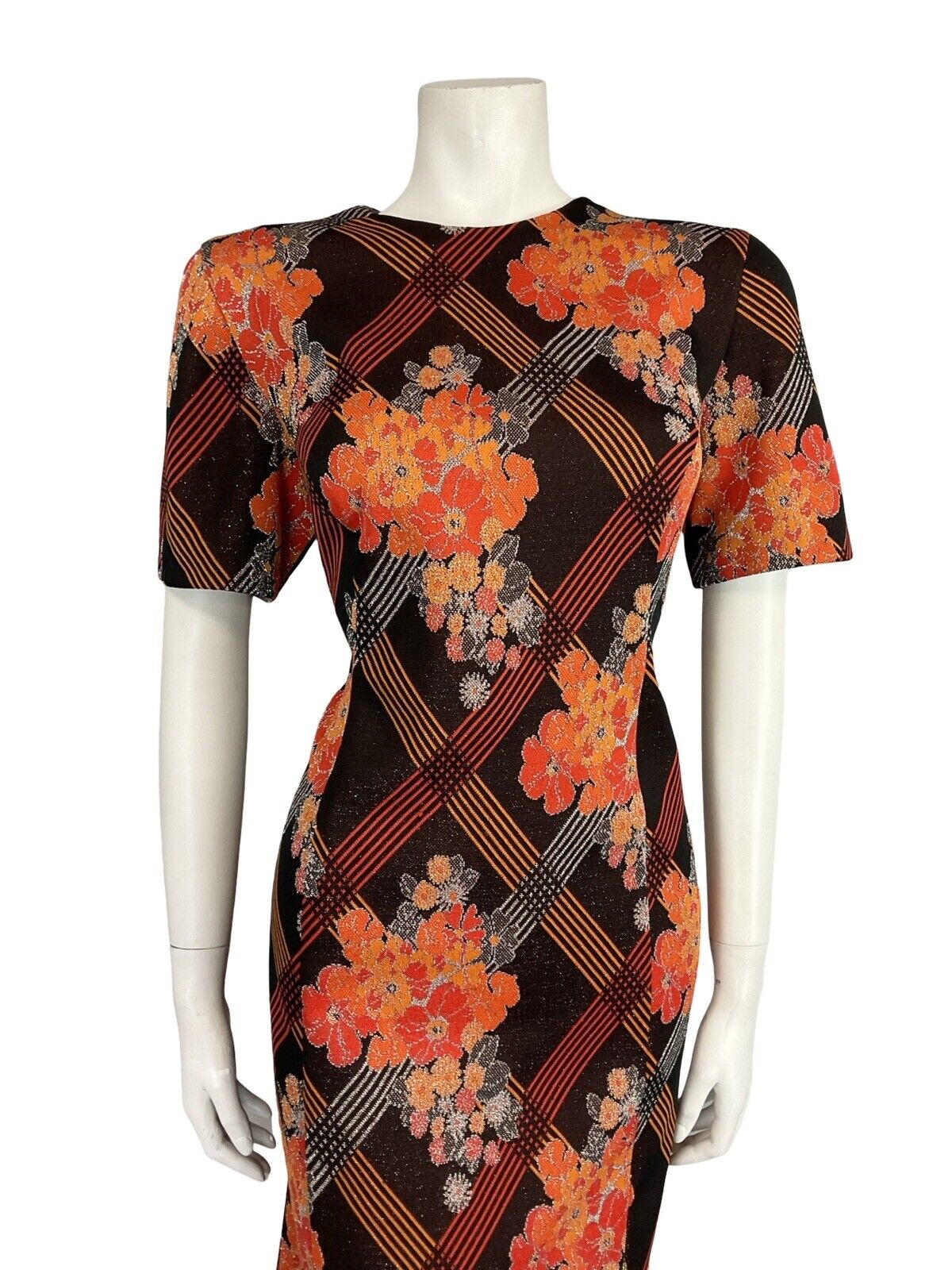 VTG MOD 60S BLACK ORANGE SILVER GLITTER FLORAL CHECKED PARTY MIDI DRESS 16