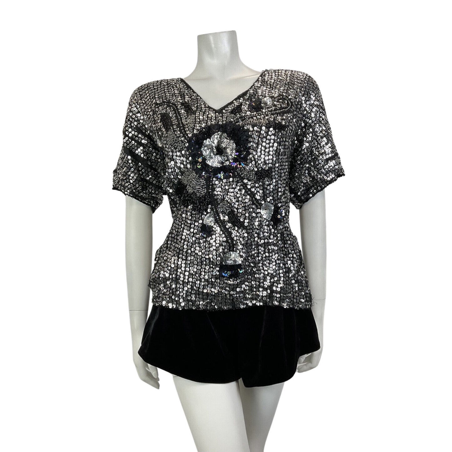 VINTAGE 70s 80s SILVER BLACK SEQUIN BEADED FLORAL DISCO GLAM PARTY TOP 14 16