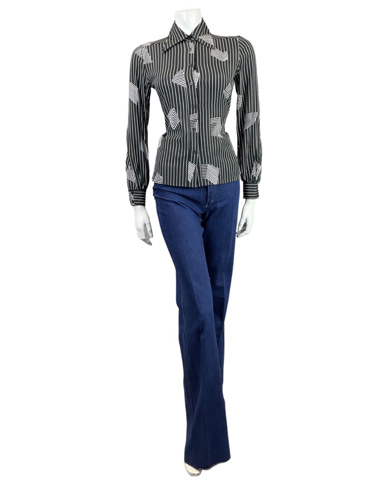 VINTAGE 60s 70s BLACK WHITE PINSTRIPE OP-ART GEOMETRIC MOD DAGGER SHIRT 8