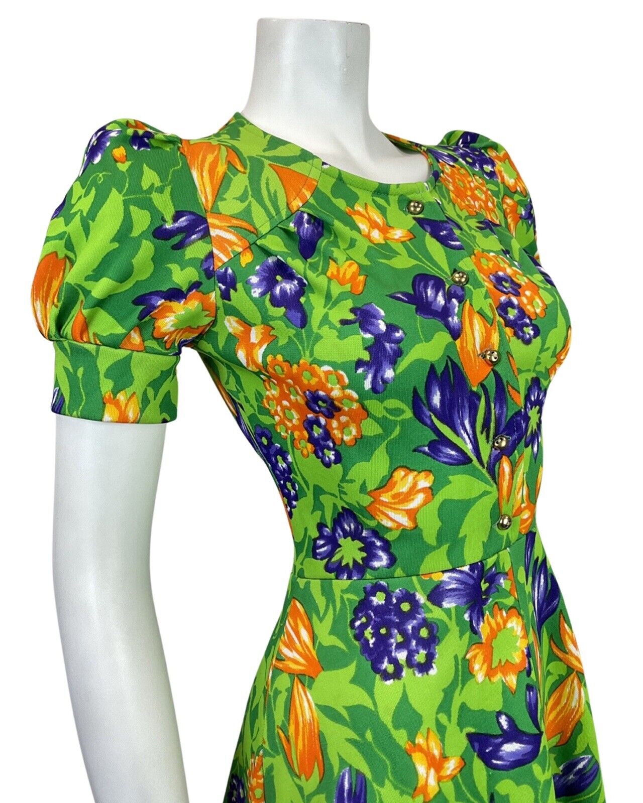 VINTAGE 60s 70s GREEN PURPLE ORANGE FLORAL LEAFY PUFF SLEEVE MOD SUMMER DRESS 8
