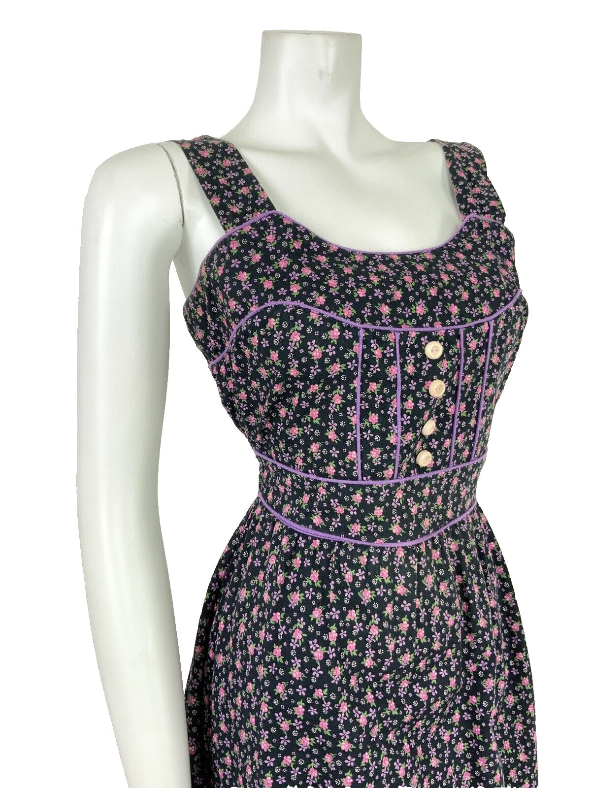 VTG 60s 70s BLACK PINK PURPLE WHITE GREEN FLORAL DITSY FOLK PRAIRIE DRESS 8 10