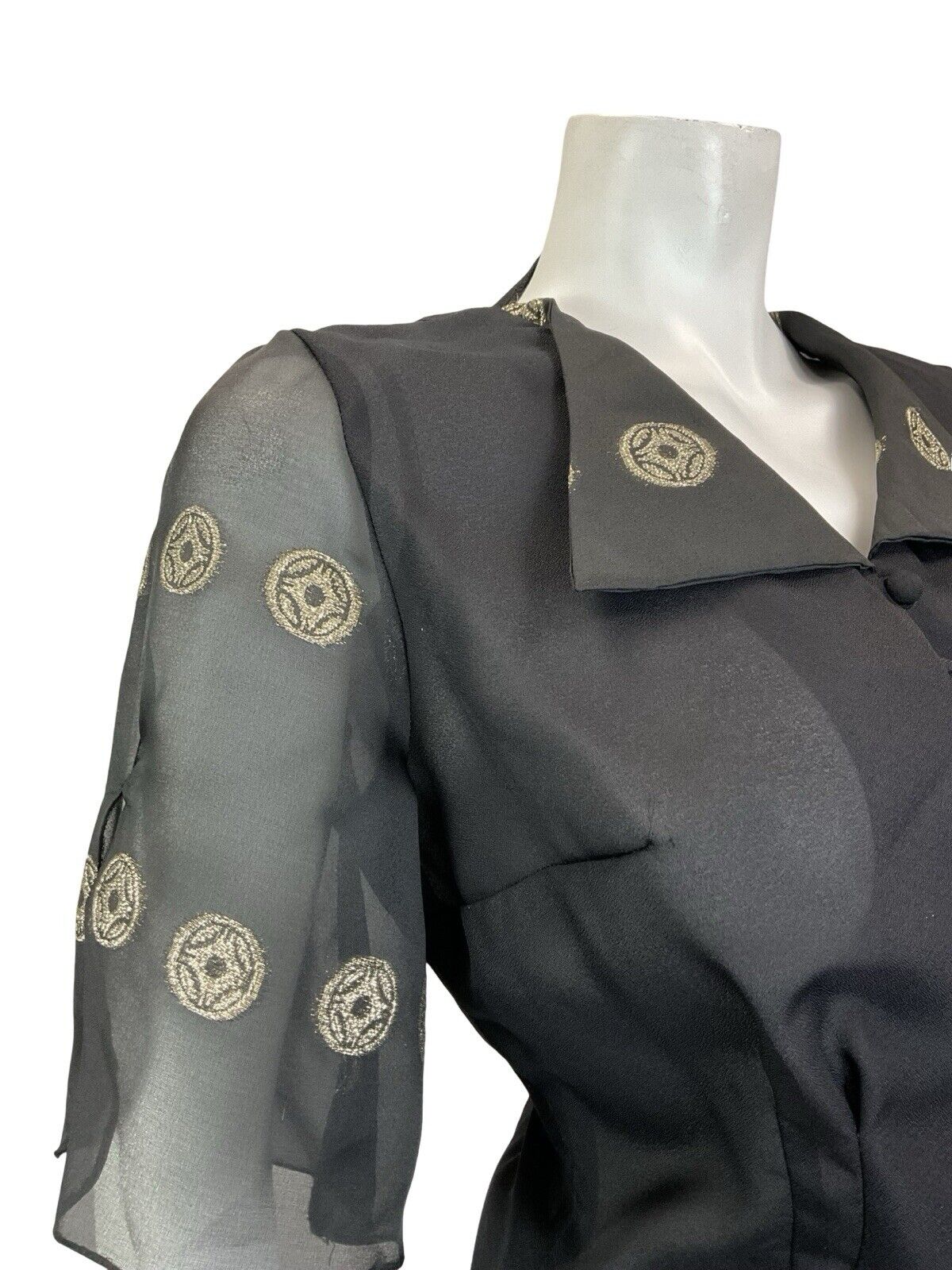 VTG 70S BLACK GOLD ART DECO FLOATY SLEEVE WING COLLAR FITTED PARTY TOP 10