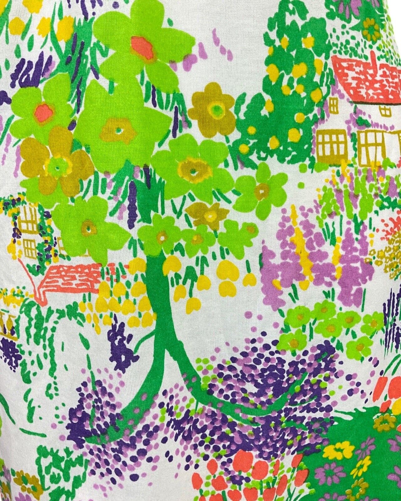 VINTAGE 60s 70s WHITE GREEN PURPLE FLORAL TREE COTTAGE SUMMER SHORT DRESS 8