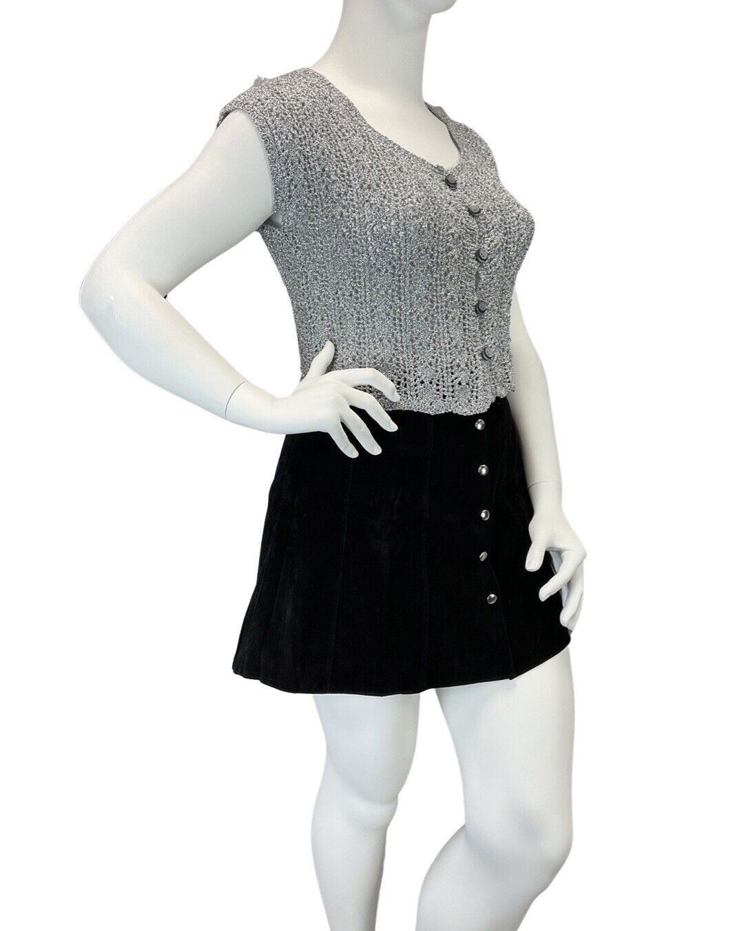 VINTAGE 60s 70s SILVER CROCHETED DISCO PARTY KNIT CROPPED VEST TOP 14 16
