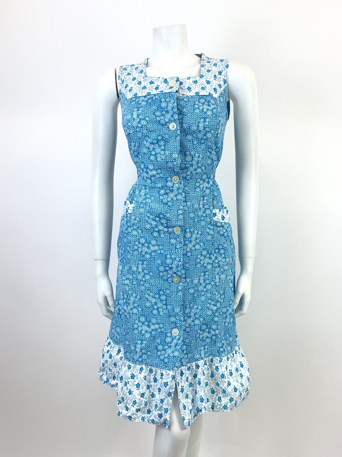 VINTAGE 60s 70s BRIGHT BLUE WHITE DOTTY FLORAL SLEEVELESS MOD SUMMER DRESS 10 12