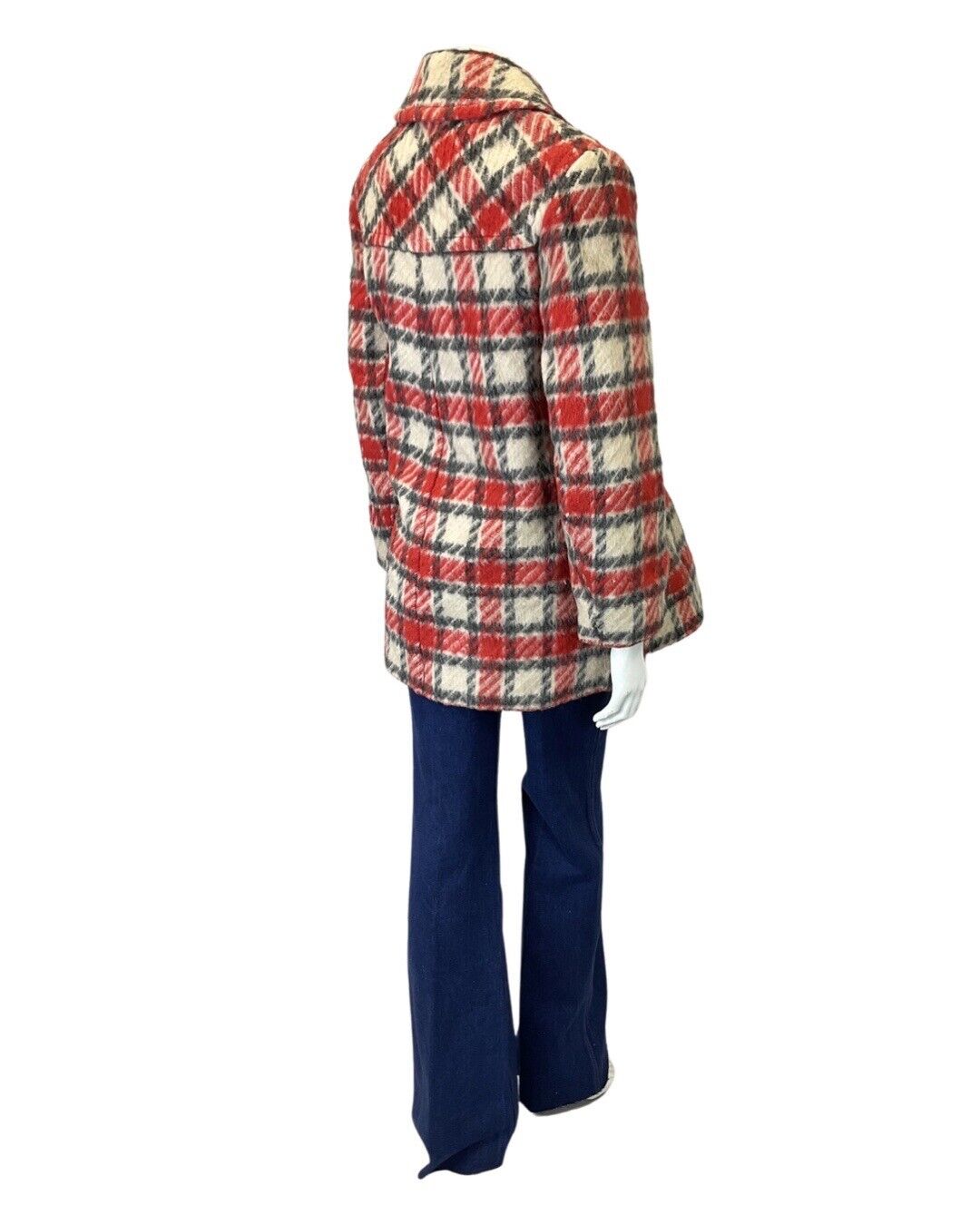 VINTAGE 60s 70s RED CREAM BLACK PLAID CHECKED MOD DAGGER COLLAR WOOL COAT 12