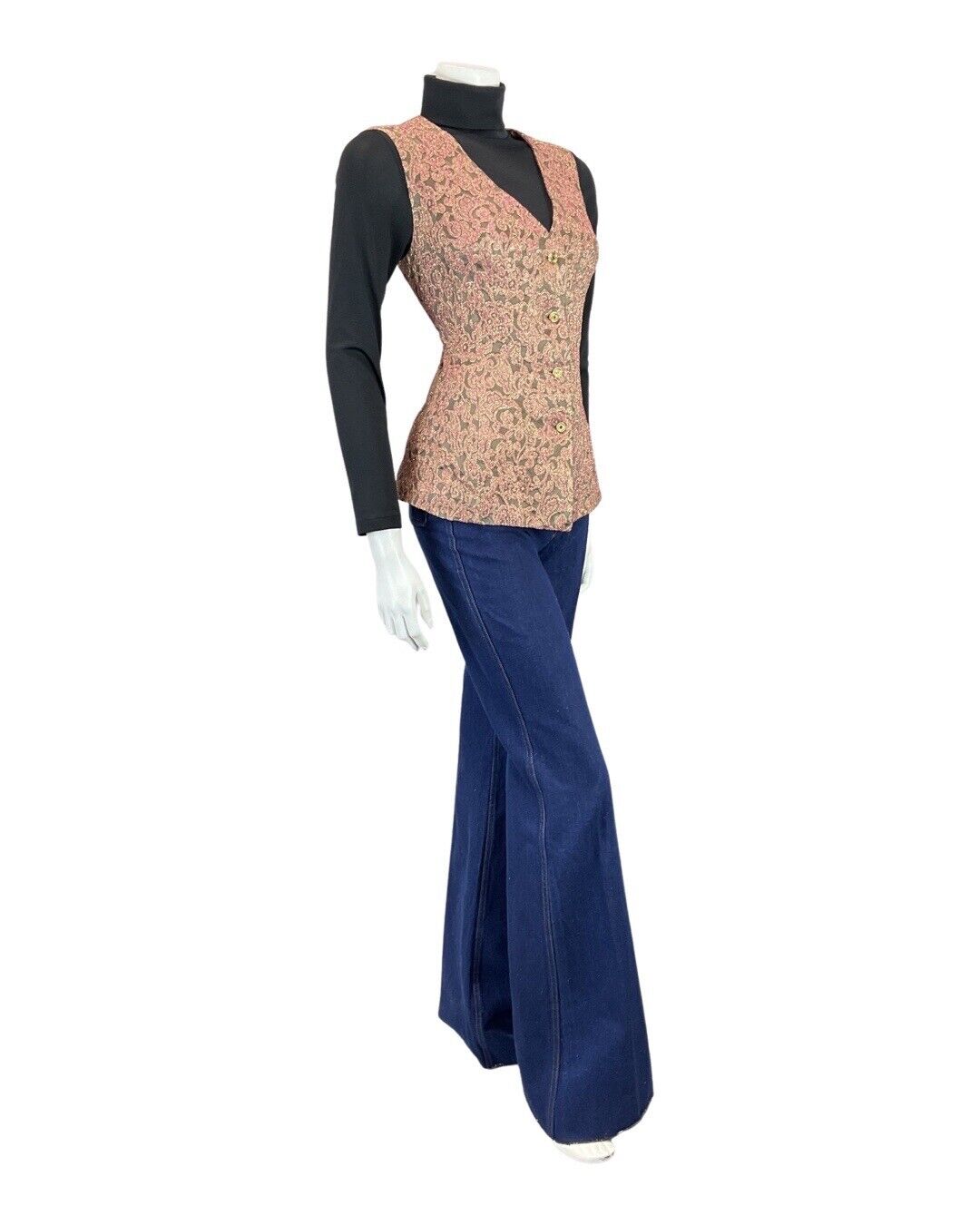 VINTAGE 60s 70s PINK GOLD FLORAL SWIRL BROCADE LUREX WAISTCOAT 12