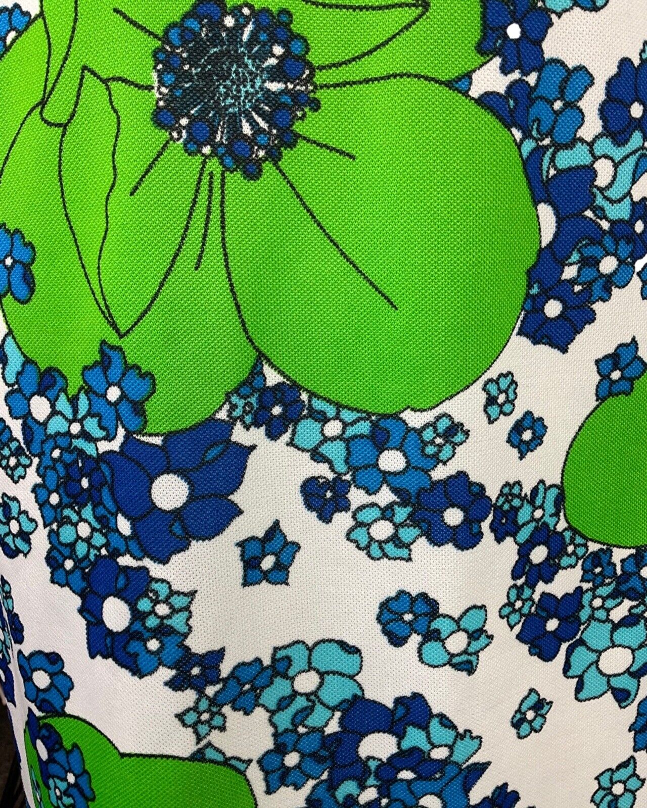 VINTAGE 60s 70s GREEN BLUE WHITE FLORAL MOD SUMMER SLEEVELESS DRESS 10