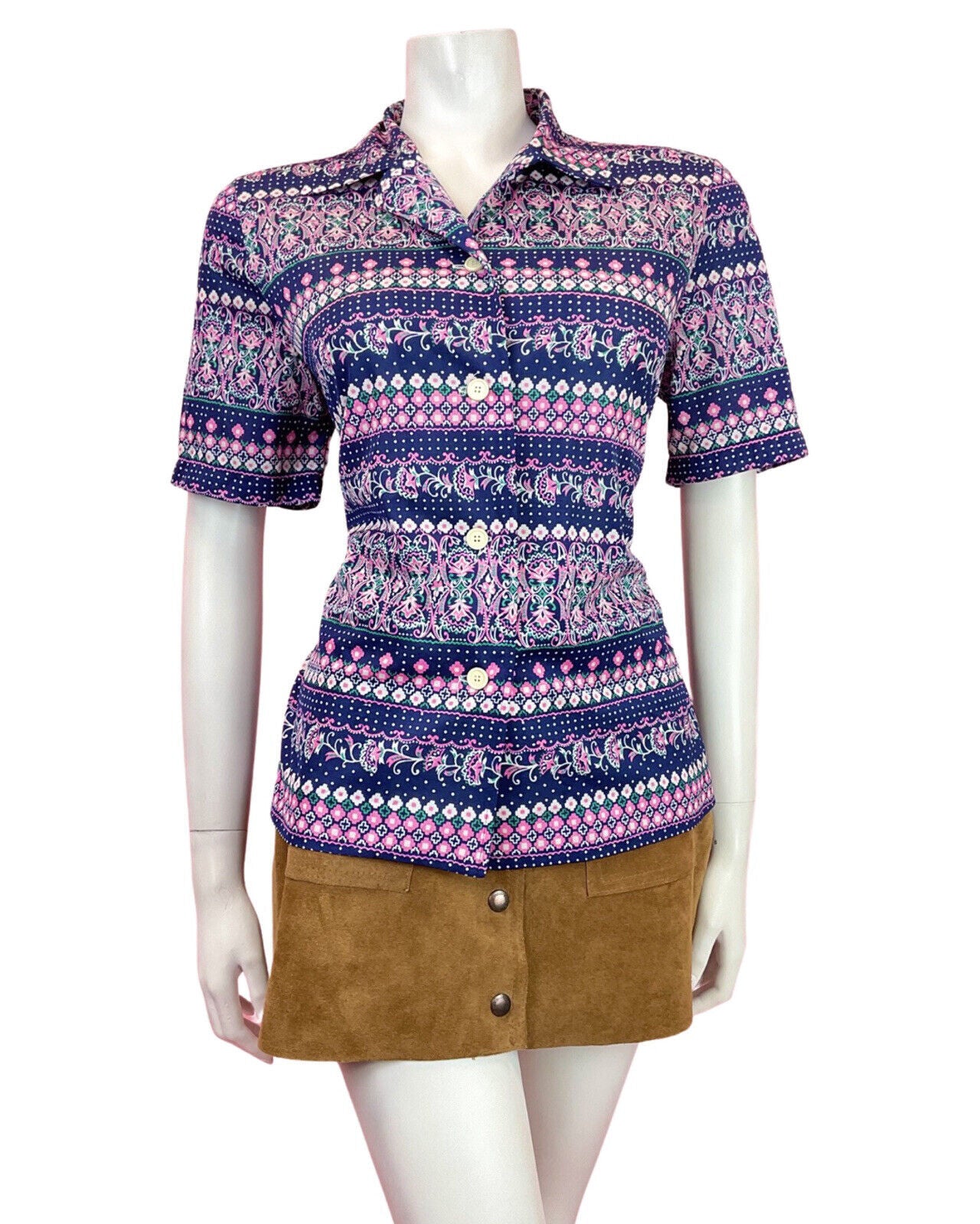 VINTAGE 60s 70s BLUE PINK WHITE PSYCHEDELIC DOTTY FLORAL BLOUSE TOP 12 14