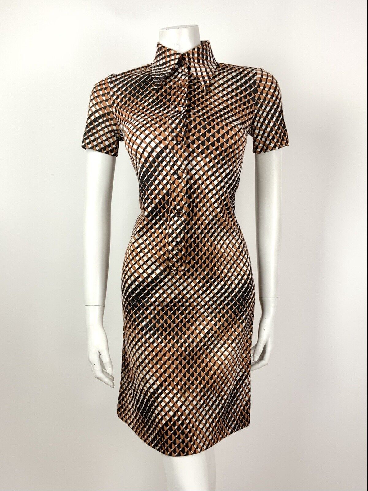 VINTAGE 60s 70s BROWN BLACK WHITE OP-ART GEOMETRIC MOD DAGGER SHIRT DRESS 8