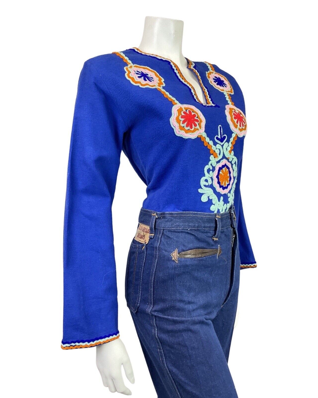 VTG 60s 70s BLUE ORANGE MIND CROCHETED RIC-RAC WAVY FLOWER BOHO FOLK BLOUSE 8 10