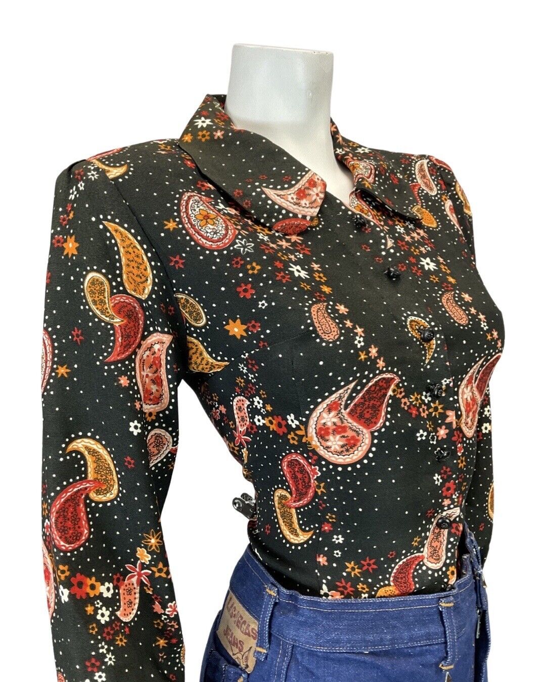 VINTAGE 60s 70s BLACK ORANGE RED PAISLEY FLORAL MOD PETER PAN COLLAR BLOUSE 8
