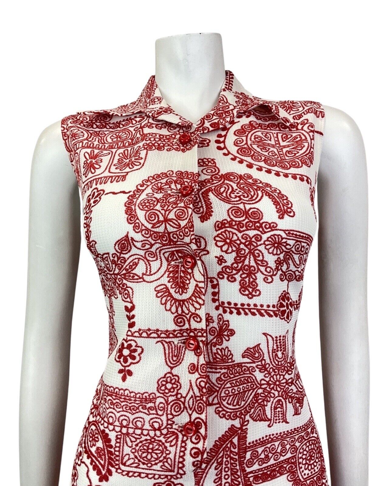 VINTAGE 60s 70s WHITE RED PSYCHEDELIC FLOWER FOLK SLEEVELESS SHIRT DRESS 12