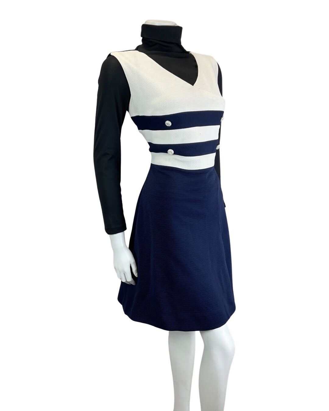 VINTAGE 60s 70s NAVY BLUE WHITE STRIPED NAUTICAL MOD SLEEVELESS DRESS 12 14