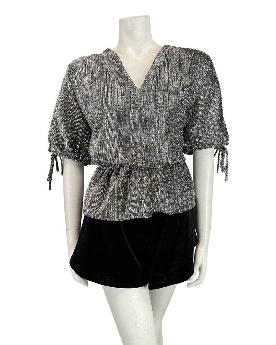 VINTAGE 60s 70s SILVER DISCO PARTY LUREX BLOUSE SHORT SLEEVE BLOUSE TOP 12 14