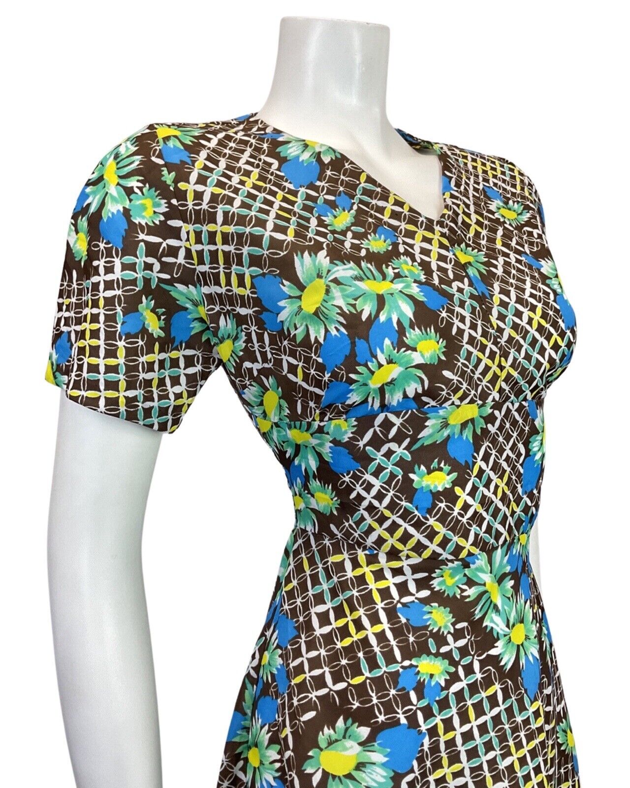 VINTAGE 60s 70s BROWN BLUE WHITE GRID CHECKED FLORAL MOD SWING DRESS 10 12